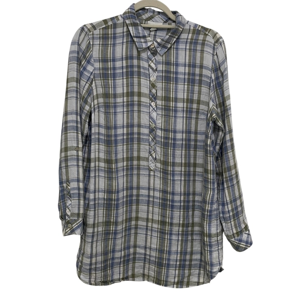 J. Jill Love Linen Tunic Women S Blue Green‎ Plaid 100% Linen Relaxed Fit Casual